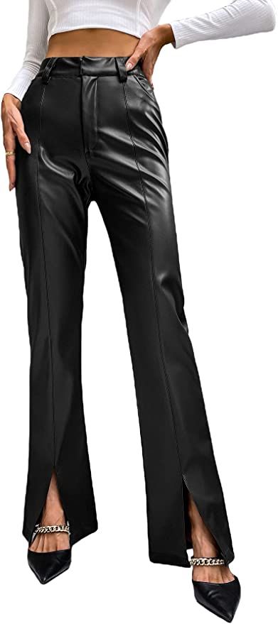 MakeMeChic Women's Faux Leather Pants High Waisted Split Pleather Flare Pants | Amazon (US)