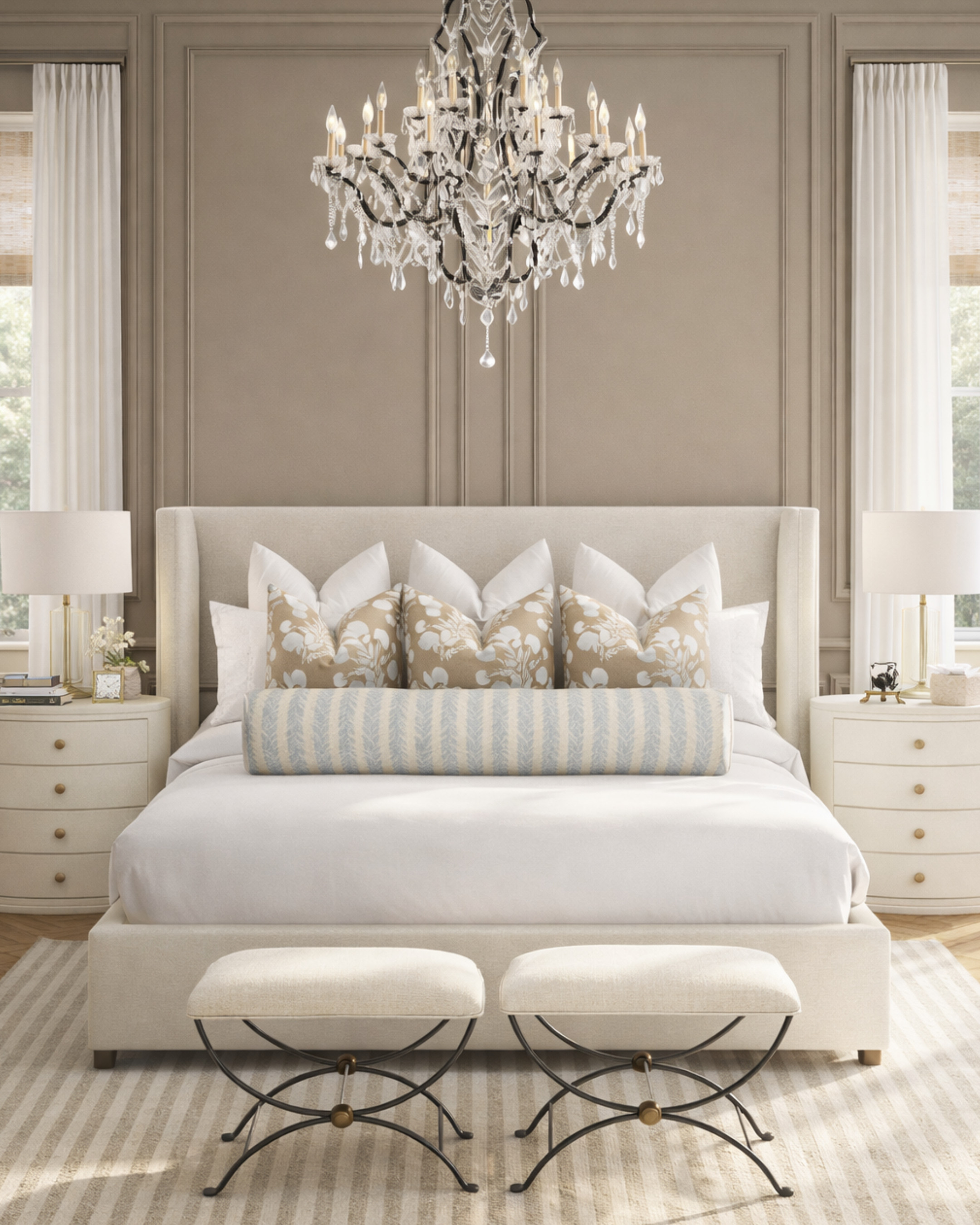 A calm, classic bedroom will never go out of style.
This space layers warm neutrals, tailored upholstery, and soft textures to create a bedroom that feels equal parts elegant and inviting. From the crystal chandelier to the perfectly balanced nightstands and benches, every detail is designed to feel intentional—not overdone.

Design tip: If you want your bedroom to feel instantly elevated, focus on symmetry first. Matching lamps, tables, and pillows create visual calm and make even simple rooms feel custom.

Would you keep this neutral or add a pop of color? 🤍
Save for timeless bedroom inspiration ✨ 

 #LTKHome