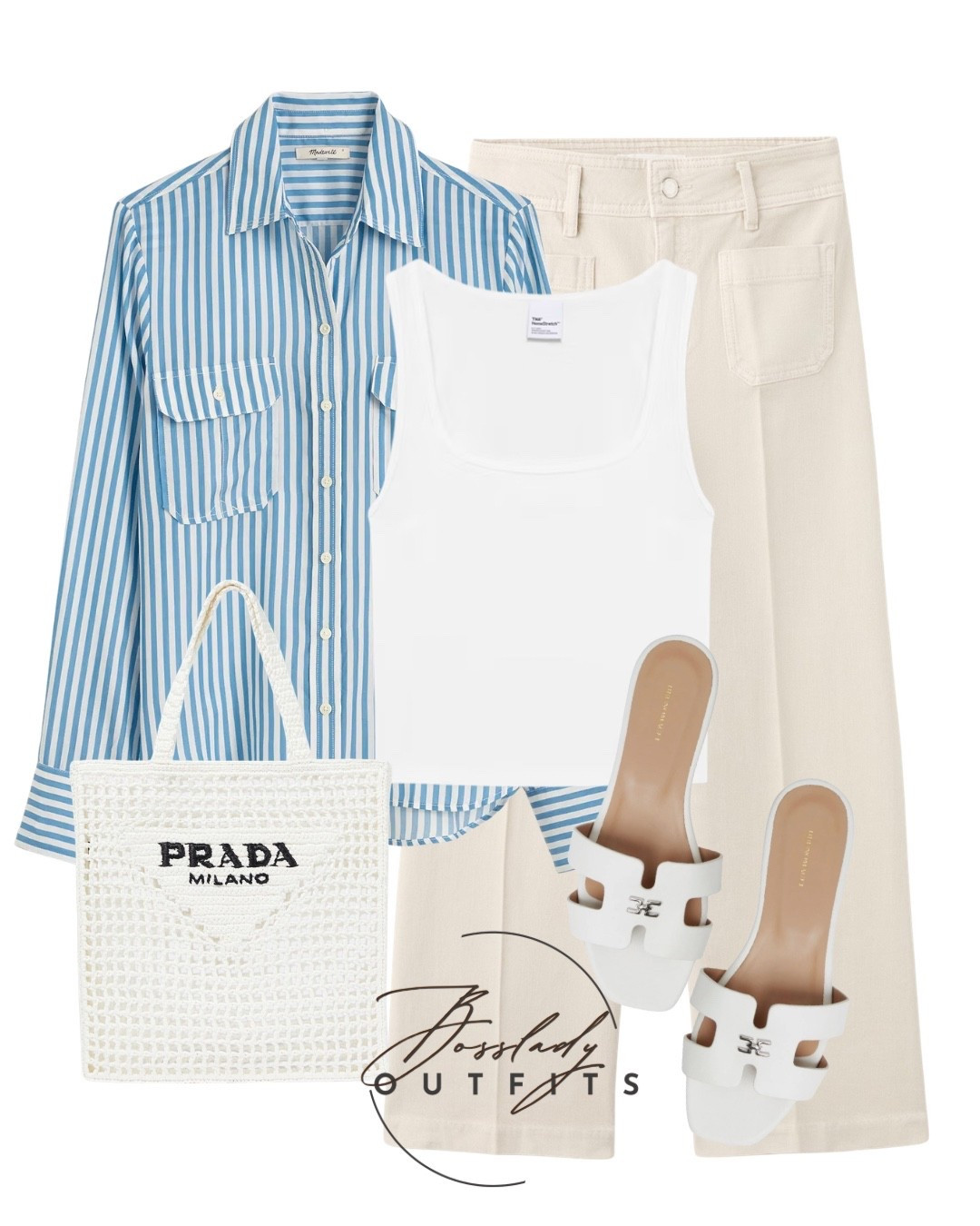 The star of the show is the blue and white striped button-down, layered over a clean white square-neck tank for that perfect relaxed vibe. Pair it with high-waisted cream wide-leg trousers to elongate the silhouette and keep things airy.
The Accessories
• The Bag: A Prada crochet tote that adds texture and a high-fashion touch to a casual outfit.
• The Shoes: Classic white H-band slides for a polished, comfortable finish.
Style Tip: Wear the button-down open as a light jacket for a breezy layer, or do a "French tuck" into the trousers to define your waist.

#LTKstyletip #LTKshoes #LTKsummer