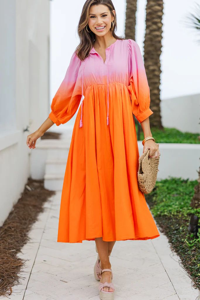 Fate: Living The Life Pink Orange Ombre Midi Dress | The Mint Julep Boutique