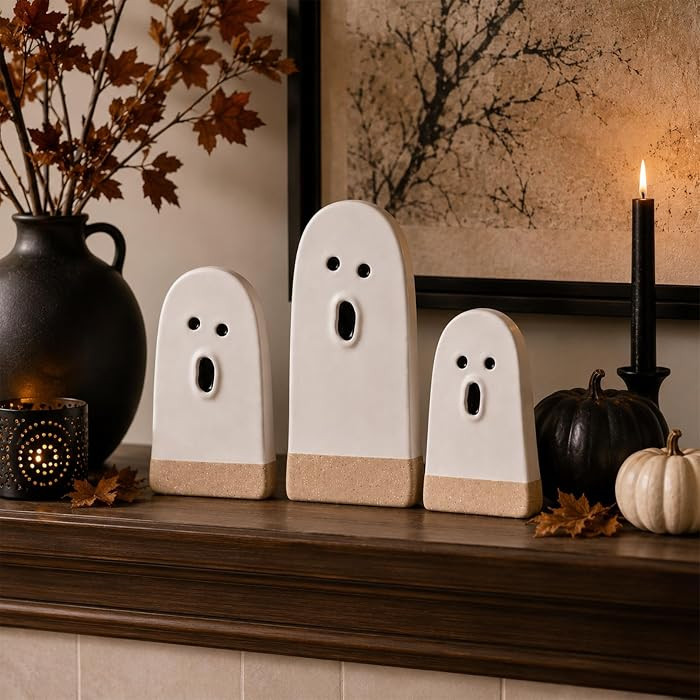 Amyhill 3 Pcs Halloween Terracotta Ceramic Ghost Figurines Decor, 3 Sizes | Amazon (US)