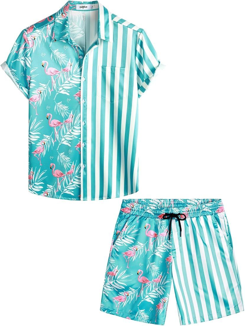 VATPAVE Mens Flamingo Hawaiian Sets Casual Short Sleeve Button Down Shirts Beach Outfits | Amazon (US)