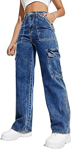 Womens Cargo Denim Jeans High Waisted Stretchy Flap Pocket Straight Leg Pants | Amazon (US)