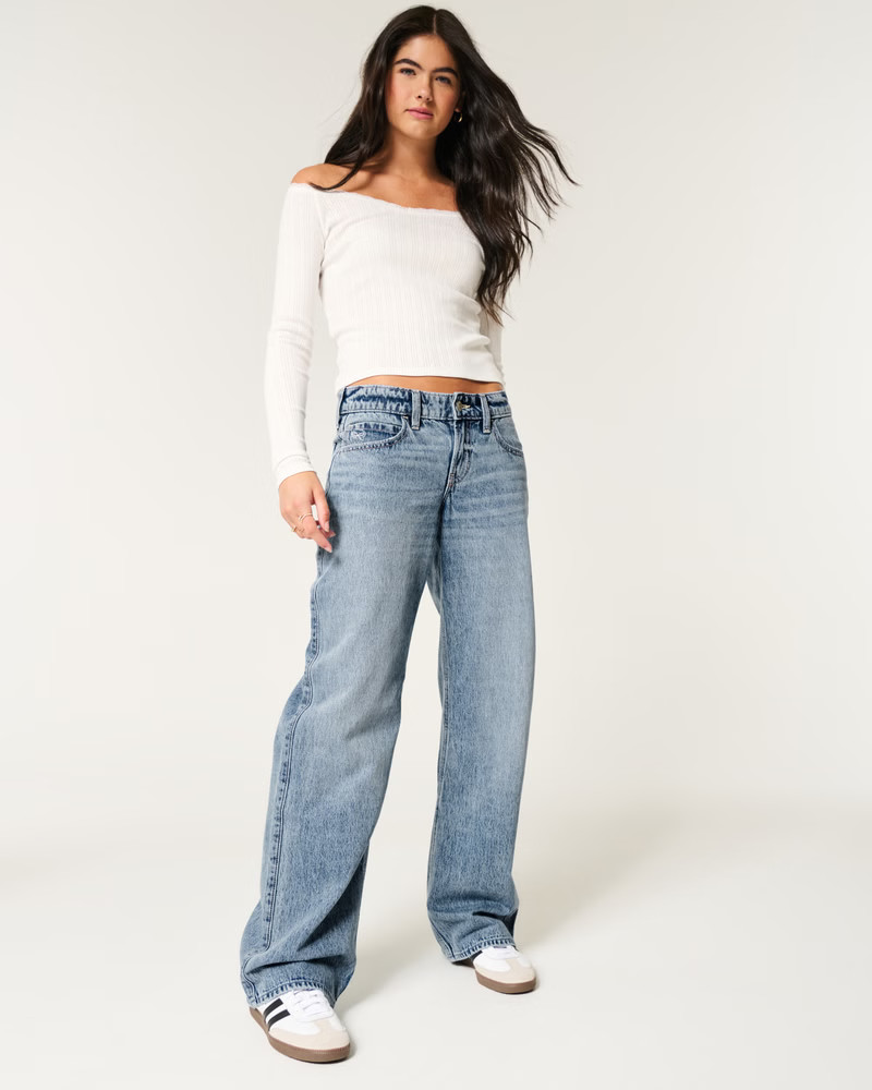 Women's Low-Rise Medium Wash Embroidered Bow Baggy Jeans | Women's Bottoms | HollisterCo.com | Hollister (US)