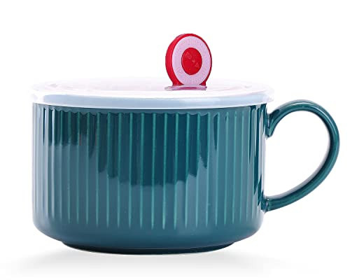 WHJY 30oz Ceramic Bowl with Lid and Handle for Soup and Instant Noodles Soup Mug, Modern Simple Style, with Heat Preservation Handle - Dark green | Amazon (US)