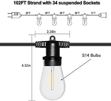 Banord 51FT Outdoor Shatterproof LED String Lights, Waterproof 17 Hanging Sockets with 18 x Dimma... | Amazon (US)