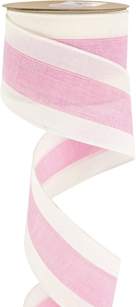 MEEDEE Pink White Stripe Wired Burlap Ribbon with Ivory Stripes Edge - 2.5 Inch, Light Pink (10 Y... | Amazon (US)