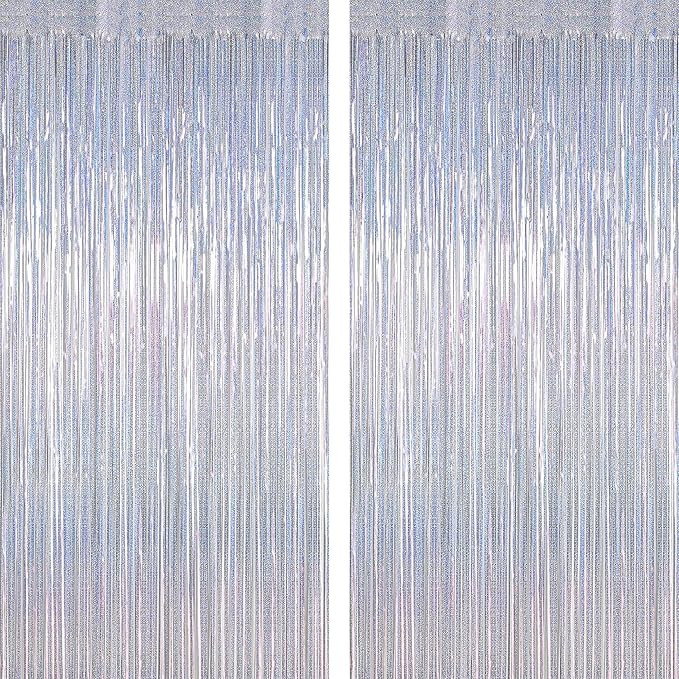 2 Pack Silver Metallic Tinsel Foil Curtains, 3.28 FT x 7.05 FT Glitter Silver Fringe Curtains, Ne... | Amazon (US)
