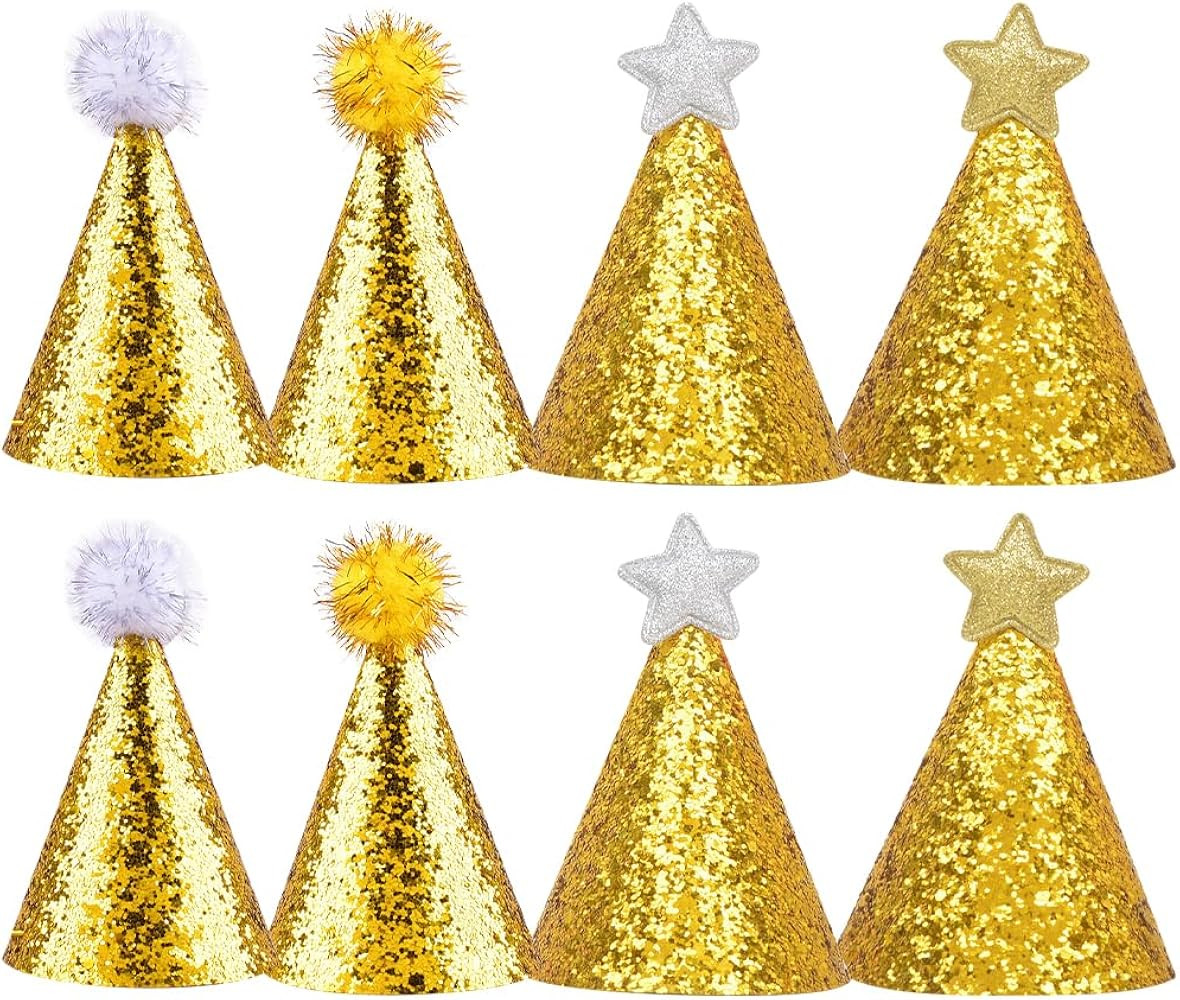 8pcs Golden Cone Party Hats for Infants Pets: Glitter Star Ball Birthday Hats Celebration Headwea... | Amazon (US)