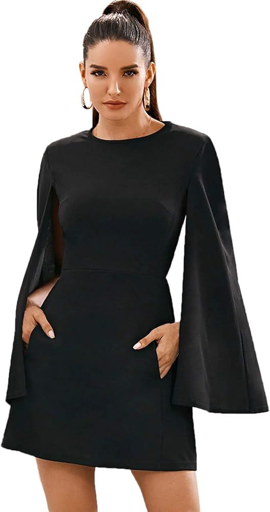 Amazon.com: SheIn Women's Elegant Cloak Sleeve Mini Cape Dress Plain with Pocket Black Medium : C... | Amazon (US)