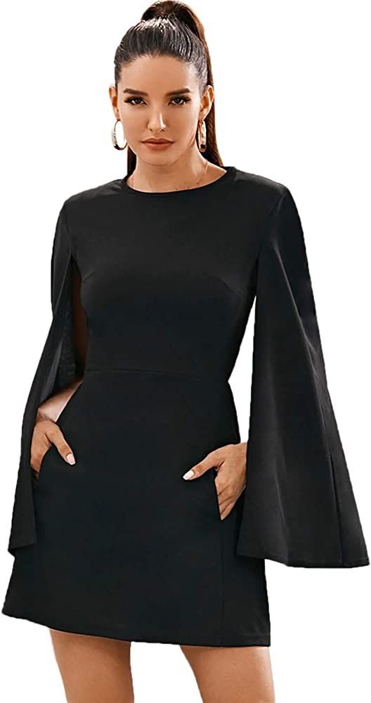 SheIn Women's Elegant Cloak Sleeve Mini Cape Dress Plain with Pocket | Amazon (US)