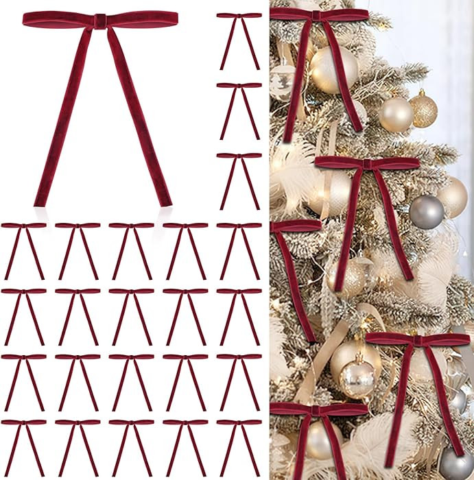 24 Pcs Red Velvet Christmas Ornaments, Rustic Velvet Bows for Christmas Tree, 5x7 Inch Pre-Tied V... | Amazon (US)