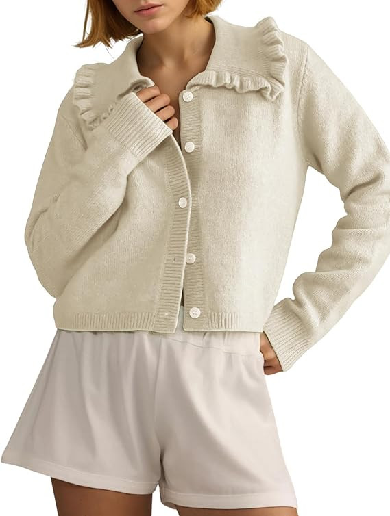 Arssm Womens Ruffle Collar Cardigan Cropped Button Down Open Front Sweaters Knitted Long Sleeve F... | Amazon (US)