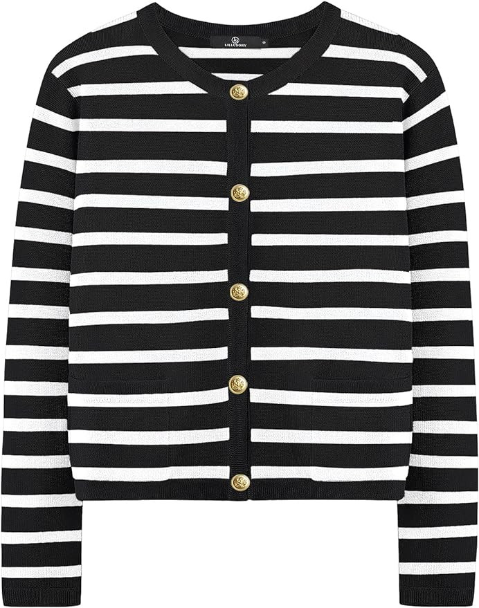 LILLUSORY Women's Crew Neck Gold Buttons Cardigan Sweaters Lady Jacket with Patch Pockets | Amazon (US)