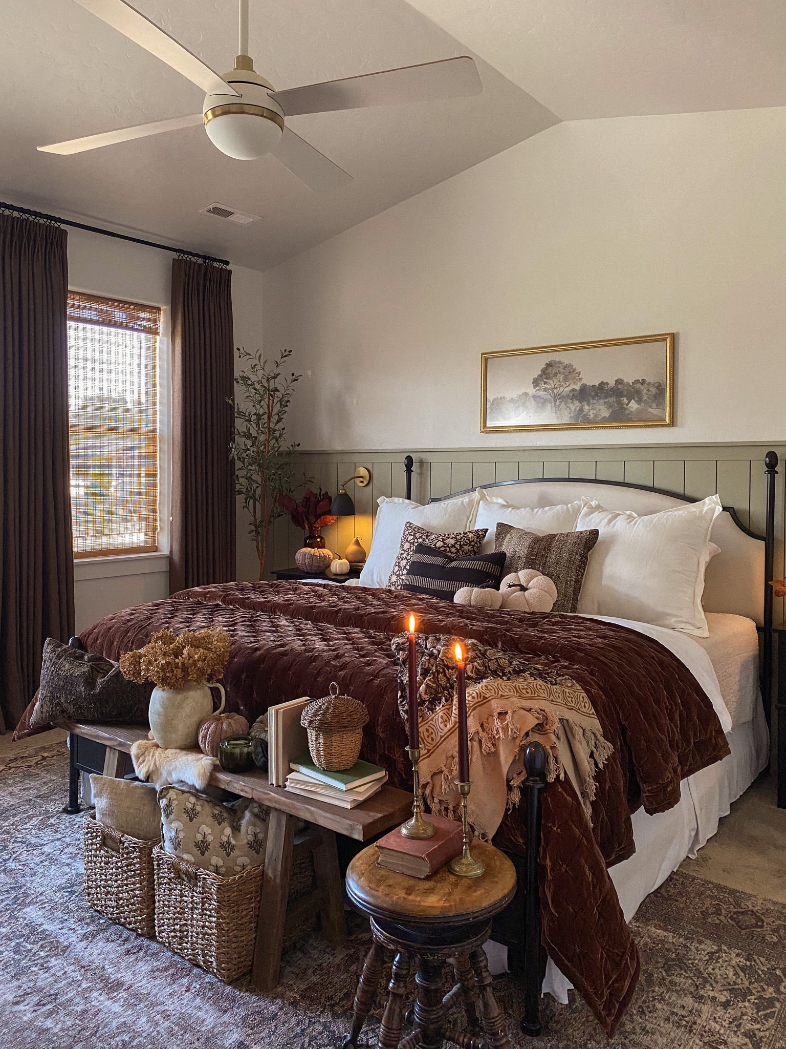 Fall decor, fall bedroom, Our primary bedroom inspiration, old-world, collected, vintage style, loloi rug, Kantha quilt, noodle bench, wooden bench, Target style, home decor, Amazon finds, black affordable nightstands, affordable home decor, budget friendly home decor, four post bed, Turkish pillows, vintage pillows, checkered throw blanket, euro pillows, four post bed, budget friendly, euro pillows, vintage candle holders, antique piano stool, collected home, brown curtains, custom drapes

#LTKstyletip #LTKSeasonal #LTKhome