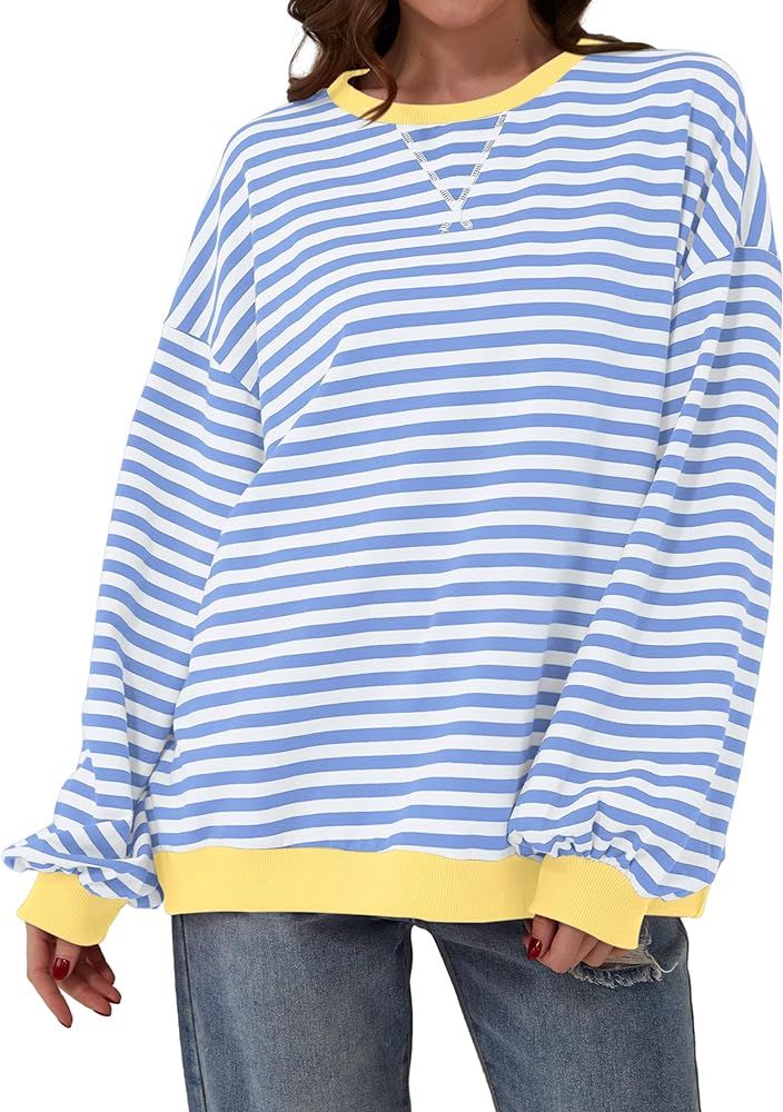 Women Striped Oversized Sweatshirt Color Block Crew Neck Long Sleeve Shirt Casual Pullover Top Fa... | Amazon (US)