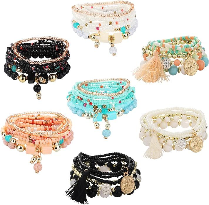 YADOCA 7 Sets Bohemian Stackable Bead Bracelets for Women Multilayer Stretch Bracelet Set Pendant... | Amazon (US)