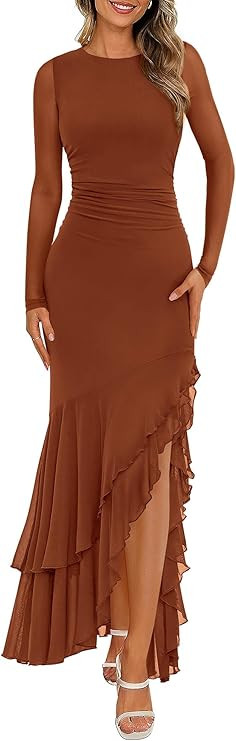 BTFBM Women's Maxi Dresses Spring 2026 Long Sleeve Ruched Bodycon Solid Ruffle Mermaid Cocktail W... | Amazon (US)