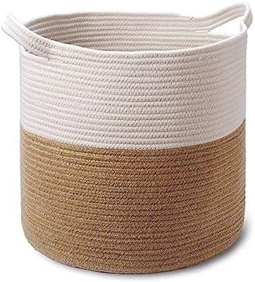 Large Jute Cotton Coiled Rope Basket - 15 x 15 x 16 Inch - Decorative Woven Storage Basket Laundr... | Amazon (US)