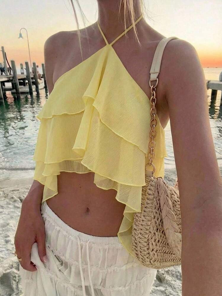 Aloruh Women's Summer Yellow Halter Top,Casual Beach Holiday Vacation Ruffle Asymmetric Hem Flowy... | SHEIN