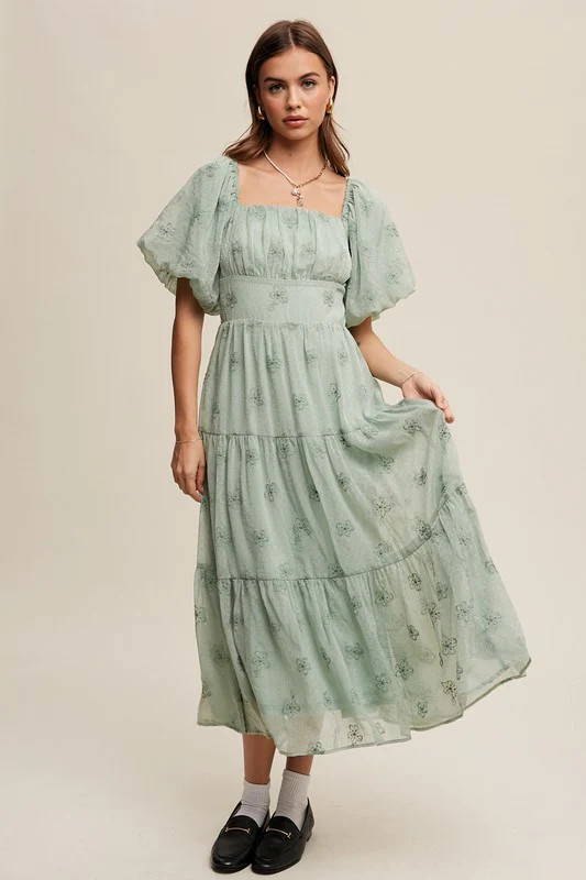 Flower Embroidered Puff Sleeve Tiered Maxi Dress Ballerina PInk / M | Casual Chic Boutique