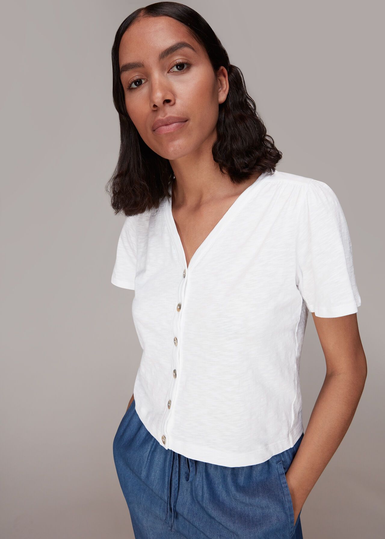 Maeve V Neck Button Front Tee | Whistles