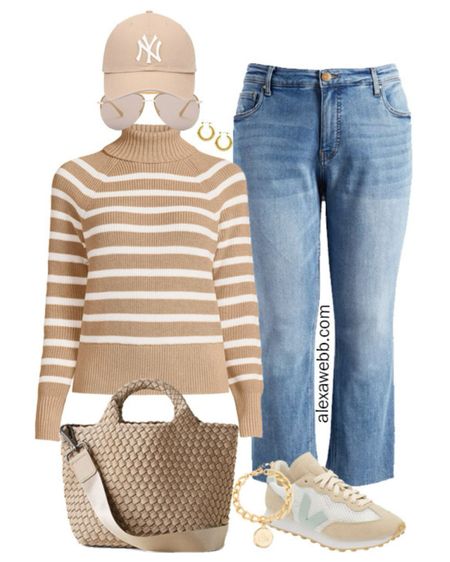 Plus Size Jeans and Sneakers Outfits - A plus size casual outfit with cropped flare jeans, a striped turtleneck sweater, Veja sneakers, and Yankees cap. Alexa Webb

#LTKstyletip #LTKplussize