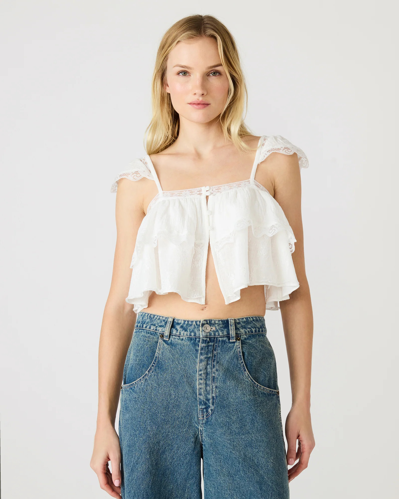 LETA Snow White Lace Ruffle Cropped Women's Top | Steve Madden (US)