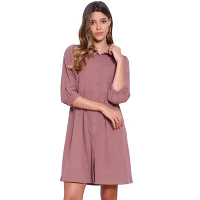 INSPIRE CHIC Women's Collared 3/4 Sleeve A-Line Button Down Casual Mini Fall Dresses Small Dark Pink | Target