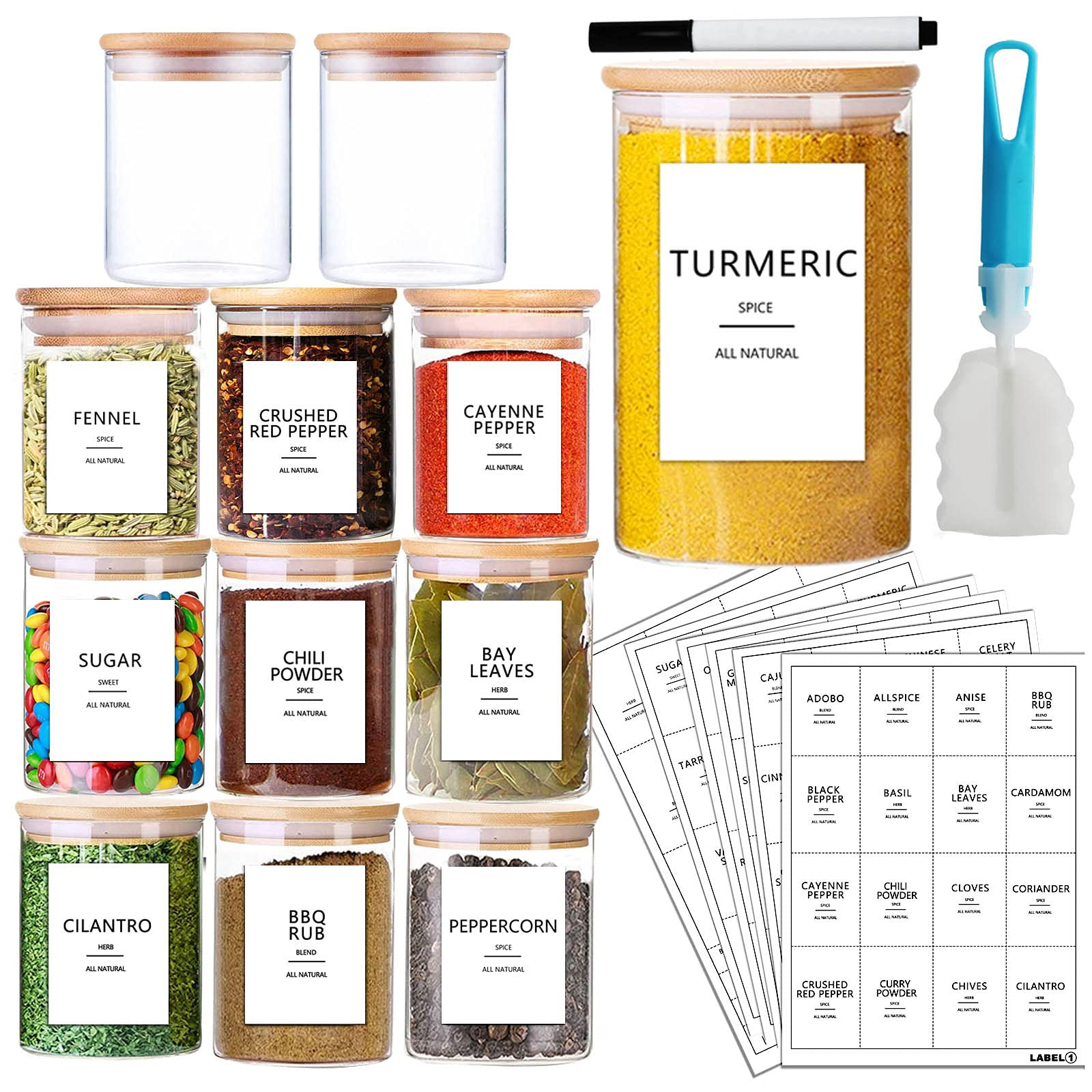 AISIPRIN 12 Pcs Glass Spice Jars with Bamboo Airtight Lids and 114 Labels - 9oz Small Food Storage C | Amazon (US)