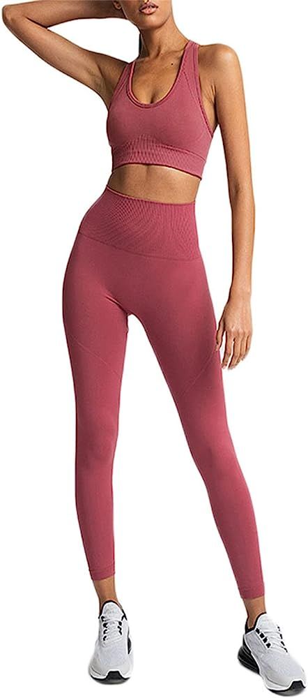 Hotexy Women Workout Set Athletic Outfits Seamless Yoga Leggings with Sports Bra Gym Tracksuits Set | Amazon (US)