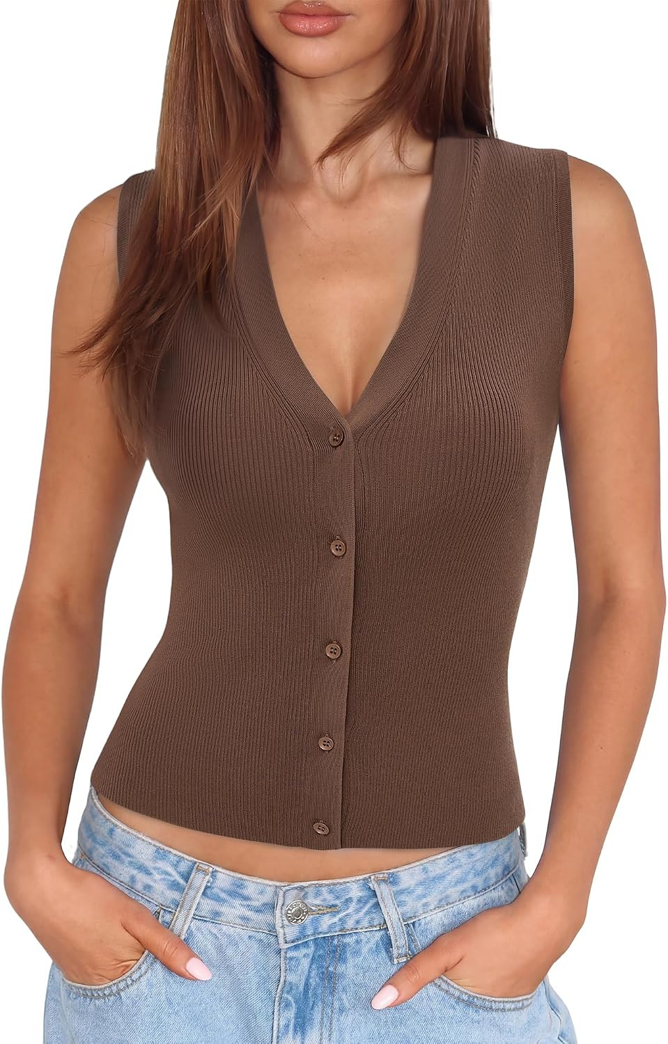 SUUKSESS Women Sleeveless Sweater Tops Summer V Neck Button Down Vest Tops Business Casual Work Shirts | Amazon (US)