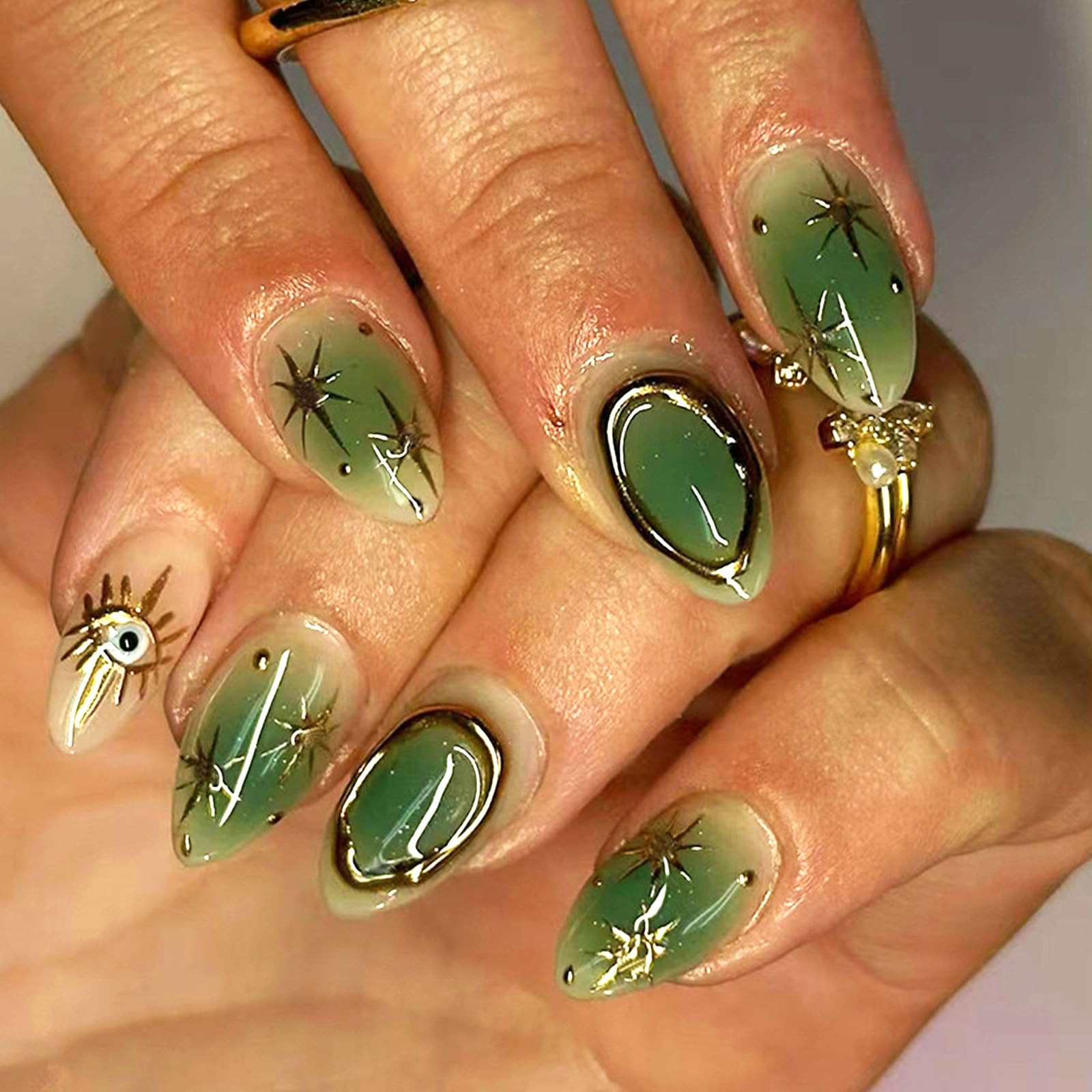 3D Gold Sun Star Press on Nails Short Almond Green Fake Nails Handmade False Nails 3D Gold Curve ... | Amazon (US)