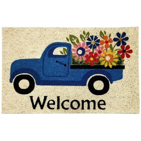 Kashi Home Printed Coir Fiber 18x28 Non-Slip Doormat, Durable Outdoor / Indoor Rug, Entryway, Front Door, Porch, Patio, Welcome Mat, Hello Spring, Floral Americana Design Decor (Welcome Flower Truck) | Walmart (US)