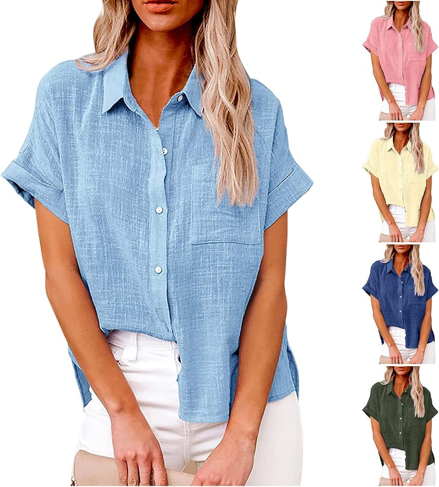 Womens Button Down Cotton Linen Shirts 2024 Short/Cap Sleeve Blouses Loose Collared Shirt Casual ... | Amazon (US)