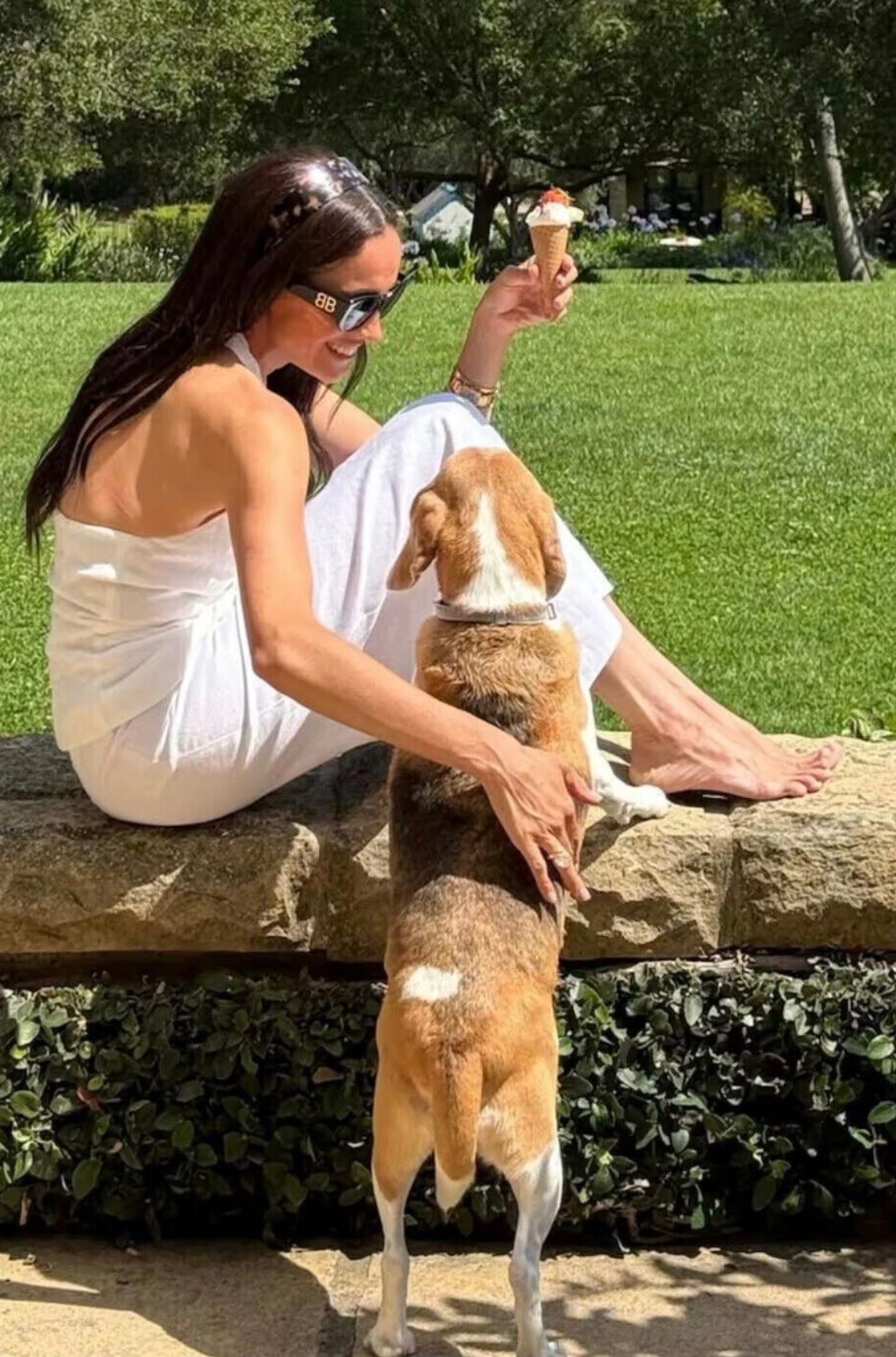 Meghan Markle Instagram @aseverofficial August 2, 2026 Cross Neck Linen Top in White oversized black sunglasses tortoiseshell headband