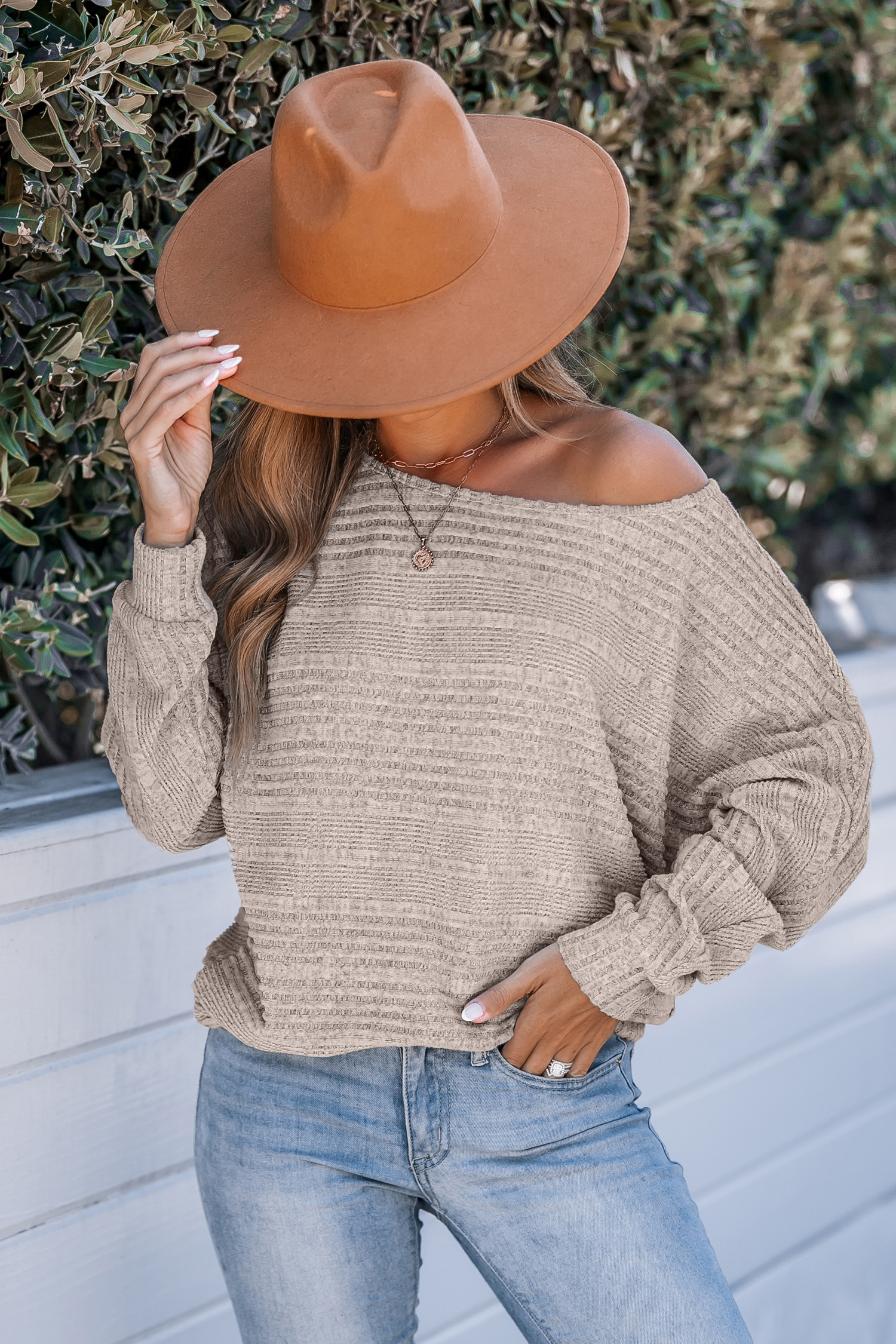 Rib Knit Round Neck Long Sleeve Sweater - L | Cupshe US