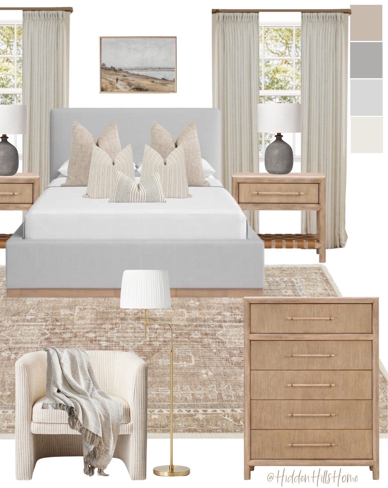 Cozy master bedroom mood board, nightstands, home decor, rug, primary bedroom design inspo, bedroom mood board, coastal bedroom design #bedroom 


#LTKHome #LTKSaleAlert