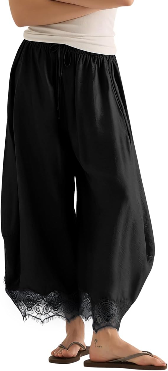 Women's Cropped Lace-Hem Pants High Waisted Drawstring Wide Leg Pants Casual Lightweight Trousers... | Amazon (US)