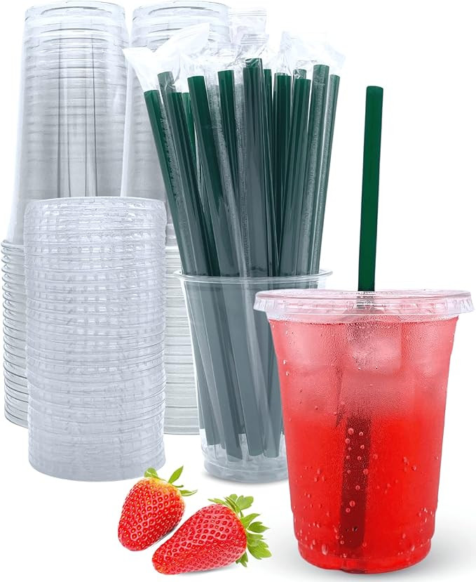 12 oz Clear Plastic Cups with Lids and Straws, Disposable Coffee Cups 25 Sets | Amazon (US)