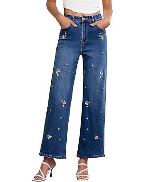 Sidefeel Women's Straight Leg Embroidered Jeans High Waisted Stretchy Wide Leg Denim Pants | Amazon (US)