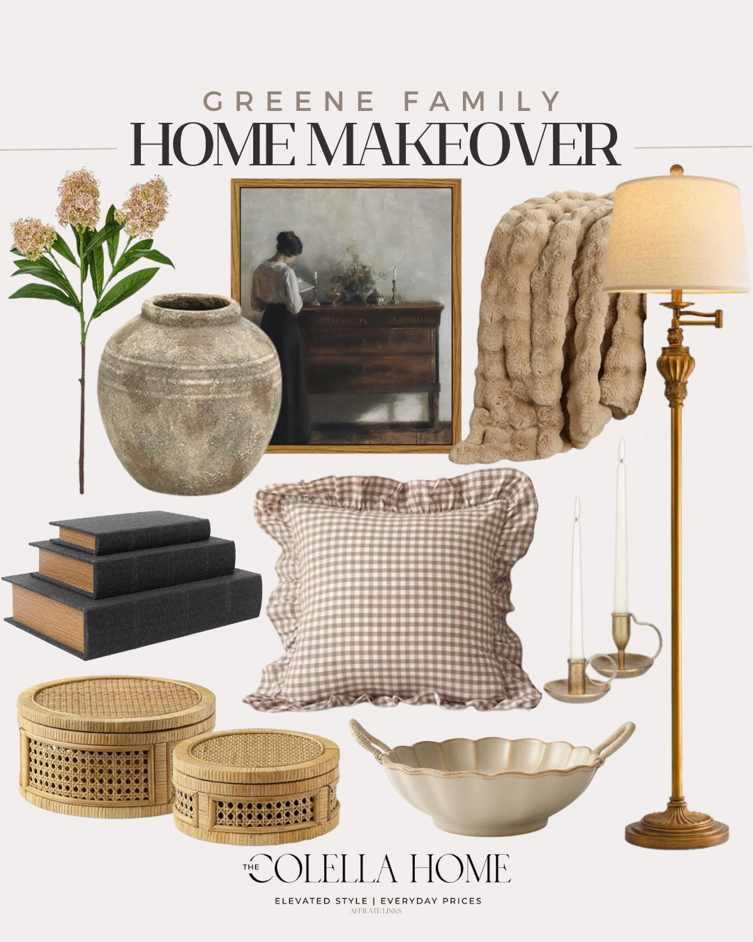 Home makeover includes floor lamp, decorative bowl, throw pillow, throw blanket, wall art, vase, floral stems, decorative books, decorative boxes.

Home decor, home makeover, looks for lesss

#LTKSaleAlert #LTKvlog #LTKHome