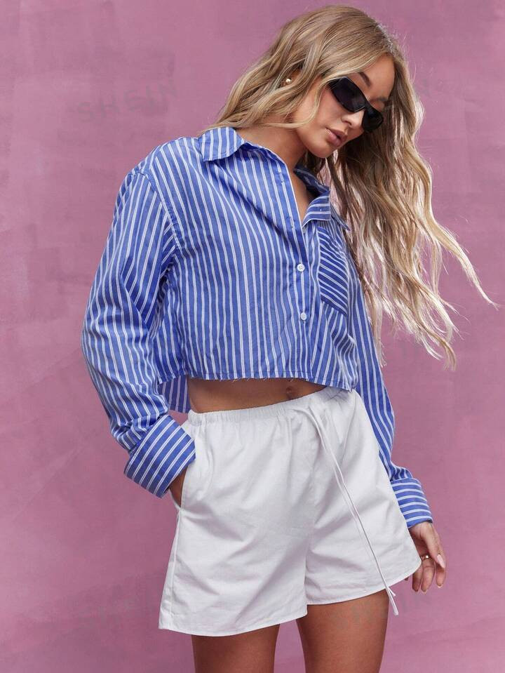 MISSGUIDED Striped Crop Shirt With Pocket Detail | SHEIN USA | SHEIN