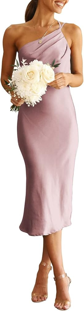 PRETTYGARDEN Women's Midi Satin Dress One Shoulder Spaghetti Strap Backless Ruched Summer Bodycon... | Amazon (US)