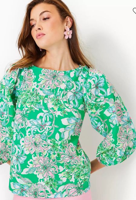 Lilly Pulitzer Barbara Cotton Top. Lightweight cotton poplin beautifully showcases the Barbara Top's vibrant print. This straight fit, crewneck top features statement sleeves with pleated details at the shoulder.

#LTKstyletip #LTKSeasonal #LTKparties