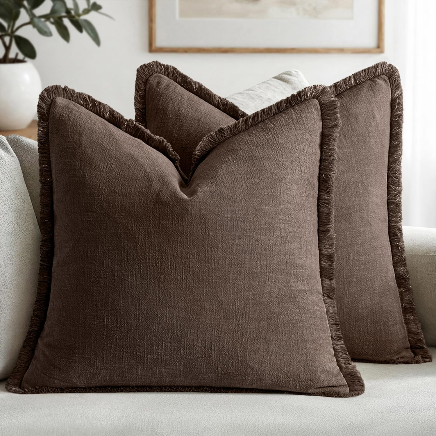 MIULEE Boho Linen Fringe Decorative Fall Pillow Covers Reddish Brown 20x20 | Amazon (US)