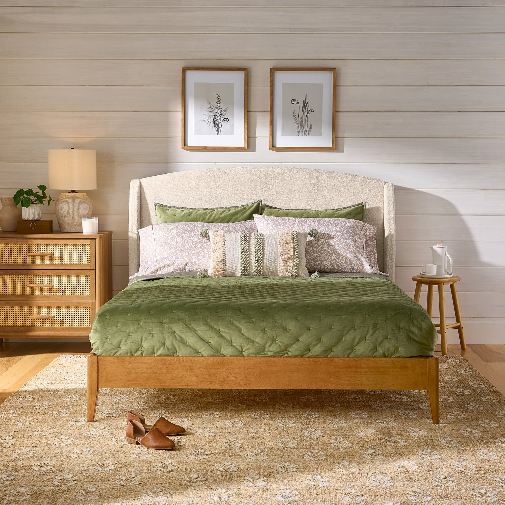 Better Homes & Gardens Springwood Upholstered Queen Bed, Shearling and Light Honey Finish | Walmart (US)