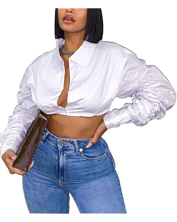 Azhong Women's Collared Puff Long Sleeve Deep V Neck Button Crop Top Blouse Shirt | Amazon (US)