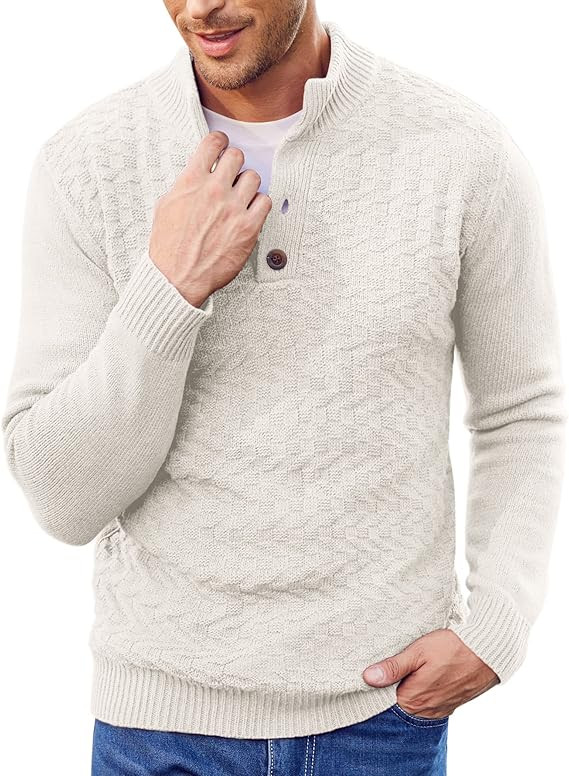 COOFANDY Men Mock Neck Button Sweater Casual Knitted Sweaters Fashion Henley Sweater | Amazon (US)