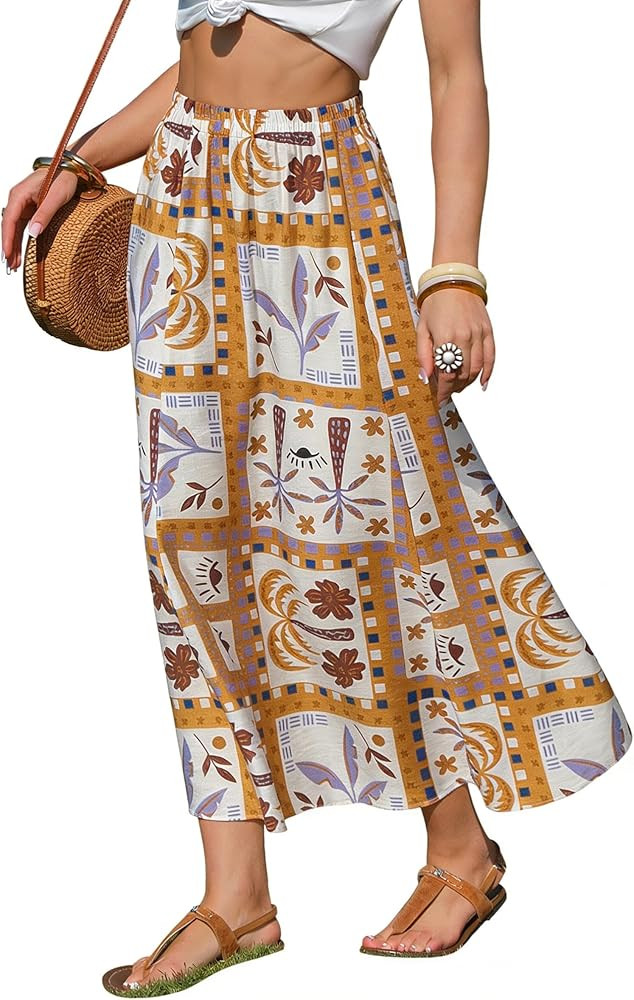 EXLURA Womens Summer Elastic Waist Floral Print Maxi Long Skirt Midi Flowy Skirt Spring Boho Beac... | Amazon (US)